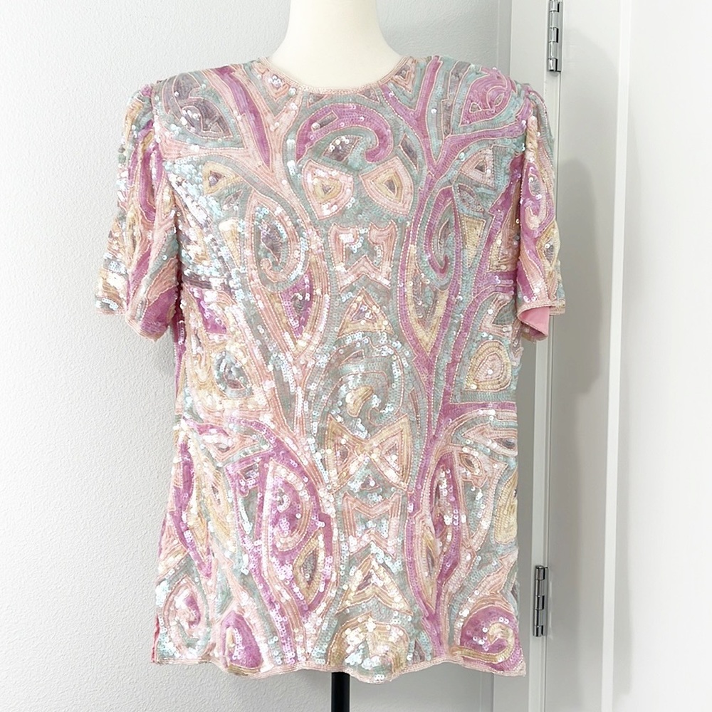Vintage 80's Kraftman's Silk Size 16 Pink & Blue Sequin Blouse Short Sleeve Top